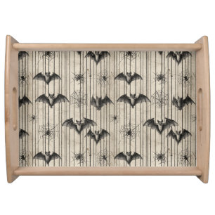 Vintage Bats and Spiderwebs on Distressed Striped Serving Tray