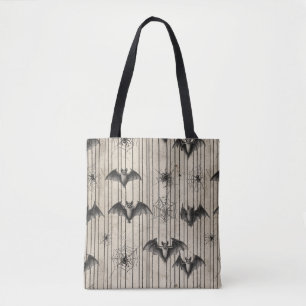 Vintage Bats and Spiderwebs on Distressed Striped Tote Bag