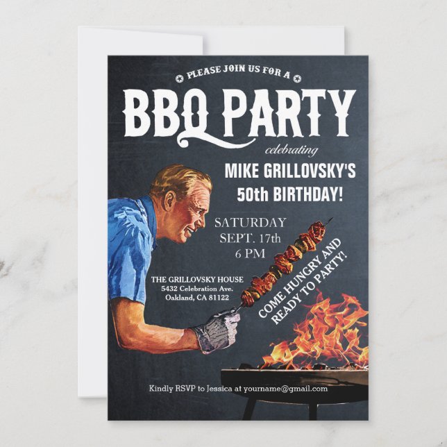 Vintage BBQ Birthday Party Invitations Chalkboard (Front)