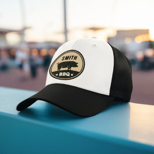 Vintage BBQ Black Tan Pig Logo Distressed Trucker Hat