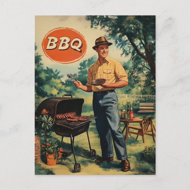 Vintage BBQ Delight: Classic Backyard Cookout Scen Postcard (Front)