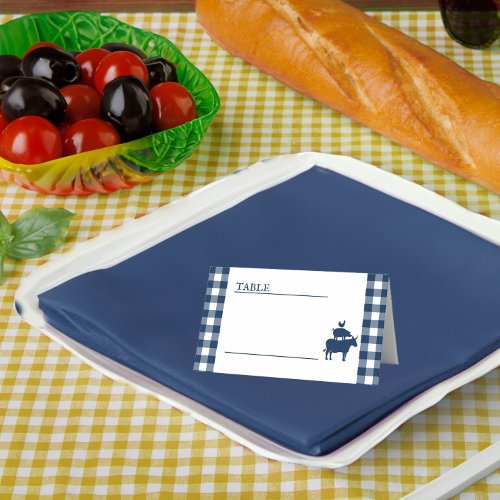 Vintage BBQ Navy Blue Gingham Wedding Place Card