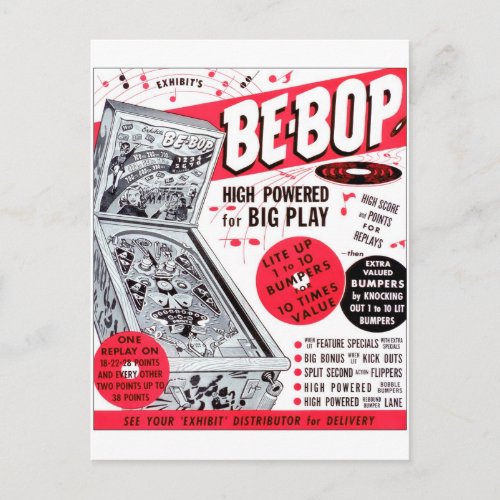 Vintage Be_Bop Pinball Machine Postcard