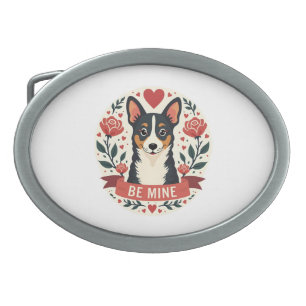 Vintage Be Mine Corgi Valentine Floral Folk Art De Belt Buckle