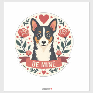 Vintage Be Mine Corgi Valentine Floral Folk Art De Sticker