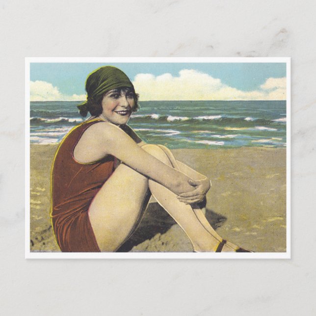 Vintage beach 20s flapper sunbather postcard (Front)