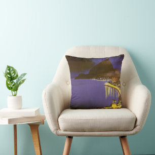 Vintage Beach at Night in Rio De Janeiro, Brazil Throw Pillow