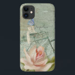 Vintage Beach Bicycle Rustic Wood Blush Pink Rose iPhone 11 Case<br><div class="desc">Fun,  vintage style created with new art by internationally acclaimed artist,  Audrey Jeanne Roberts.  A distressed gray wood background with a victorian-era beach bicycle with blush pink antique style rose and blue butterfly.  Copyright.</div>