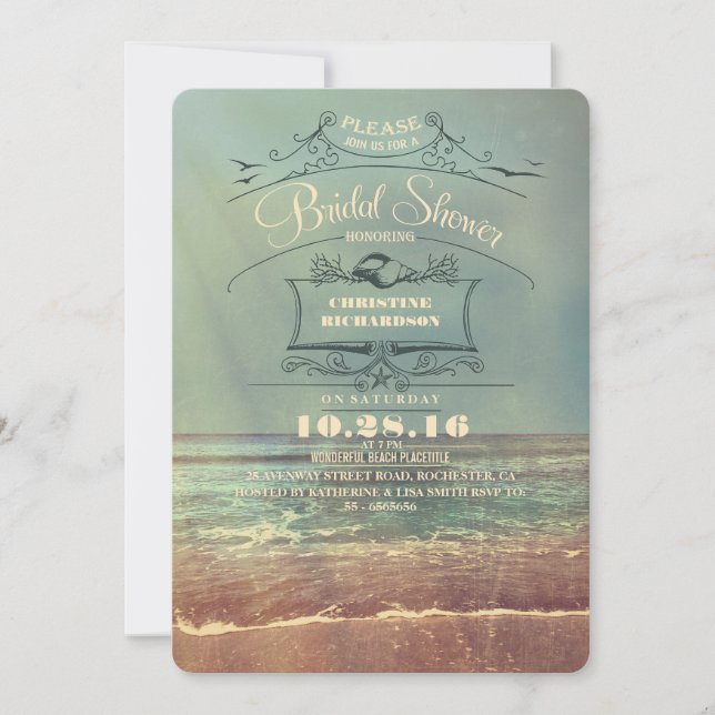 Vintage beach bridal shower invitations (Front)