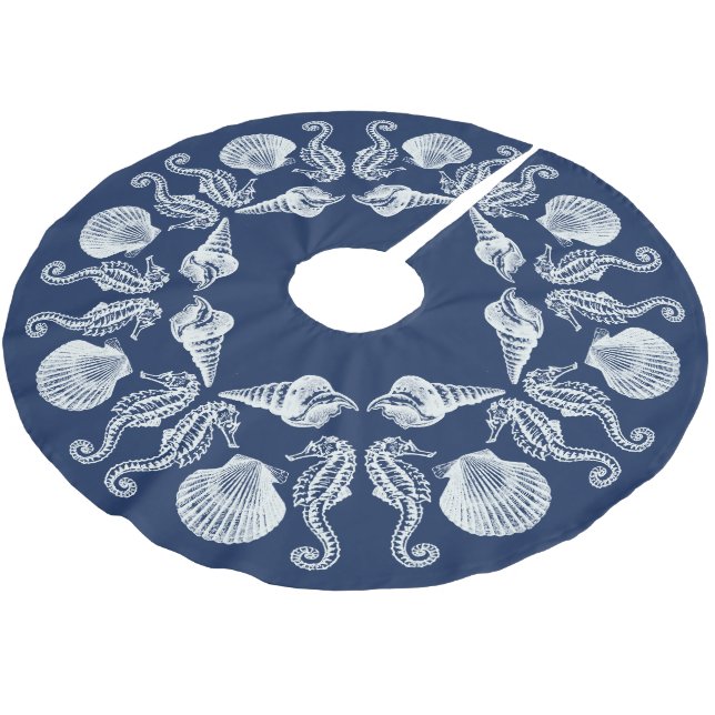 Vintage Beach Cottage Seashells White Blue Brushed Polyester Tree Skirt (Angled)