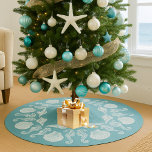 Vintage Beach Cottage Seashells White Blue Brushed Polyester Tree Skirt<br><div class="desc">Complete your seaside or beach holiday scene with your own custom tree skirt.  Ocean themed design features sea horses and shells in an attractive pattern. Light blue half toned background with vintage white shell and sea horse pattern.</div>
