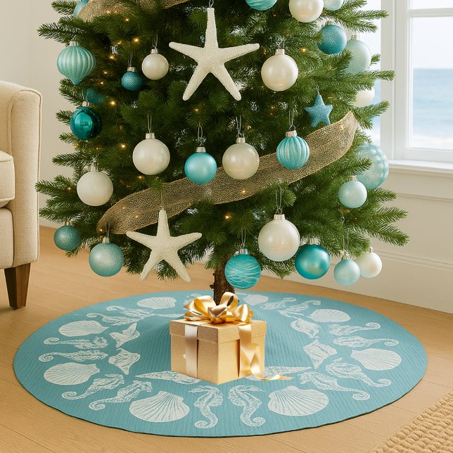 Vintage Beach Cottage Seashells White Blue Brushed Polyester Tree Skirt (Coastal Christmas tree skirt with white seashells and seahorses on aqua blue, perfect beach cottage )