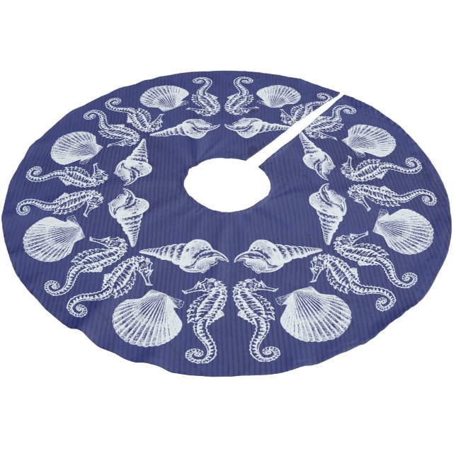 Vintage Beach Cottage Seashells White Blue Brushed Polyester Tree Skirt (Angled)