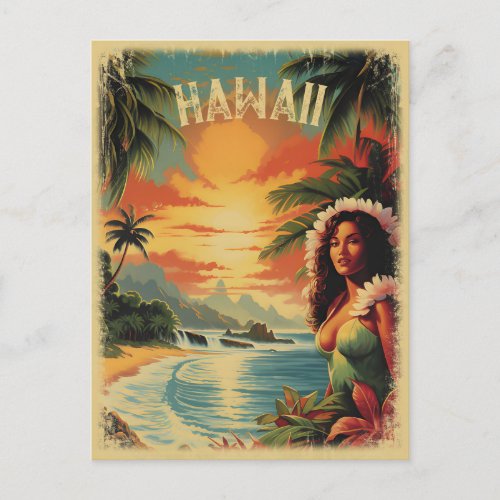 Vintage Beach Hawaii Girl Travel Postcard
