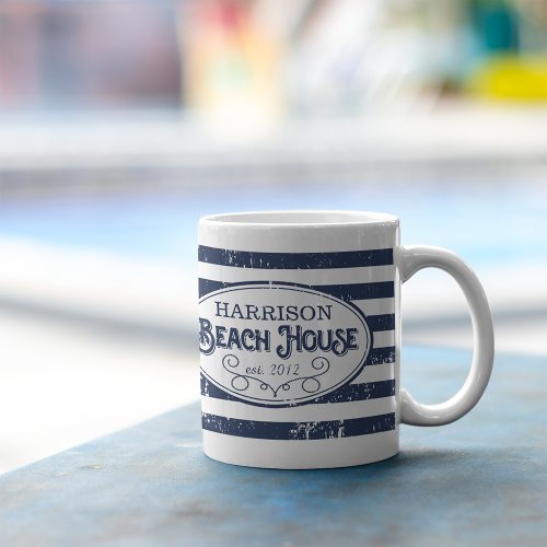 Vintage Beach House Personalized Navy and White Coffee Mug