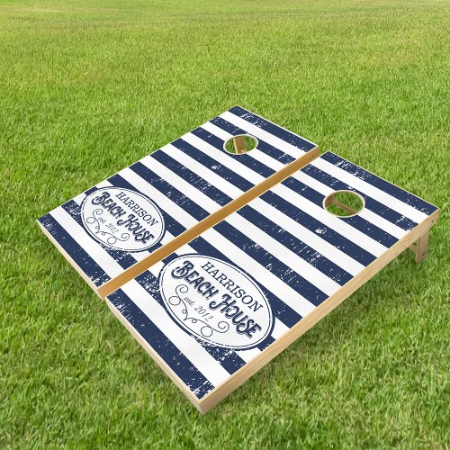 Vintage Beach House Personalized Navy and White Cornhole Set