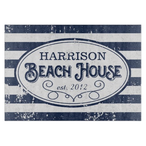 Vintage Beach House Personalized Navy and White Cutting Board
