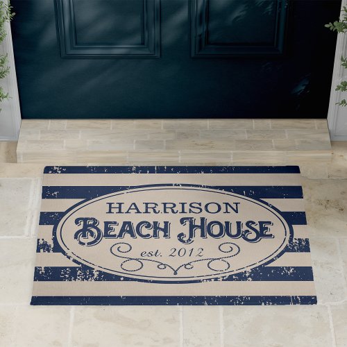 Vintage Beach House Personalized Navy Blue Doormat