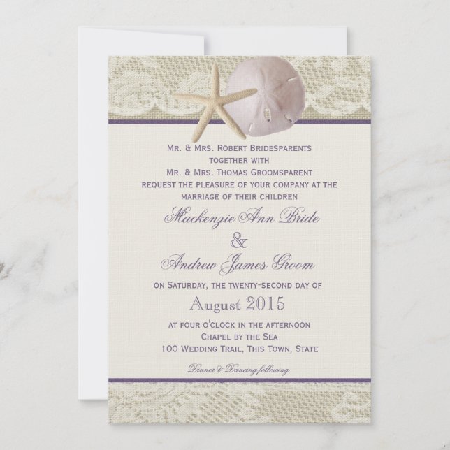 Vintage Beach Ivory Purple Invitation (Front)