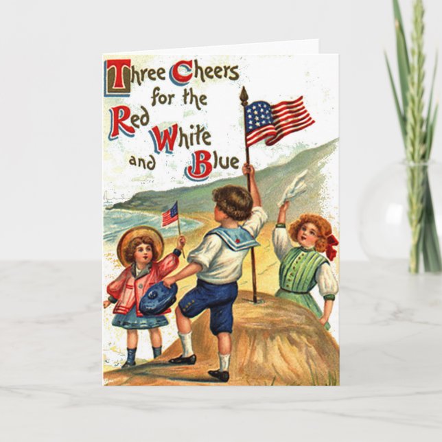 Vintage Beach Kids Flag July 4th Postcard Art (Front)
