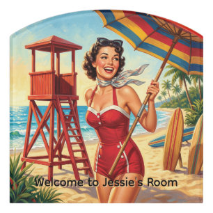 Vintage Beach Lifeguard Girl Pin Up Door Sign