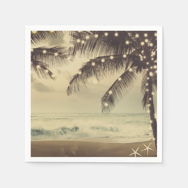 Vintage Beach Ocean Palm Trees & Lights Wedding Napkins (Front)