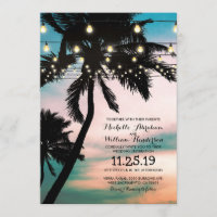 Vintage Beach Palm Tree Twinkle Lights Wedding Invitation