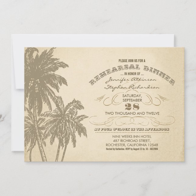 vintage beach palms rehearsal dinner invitations (Front)