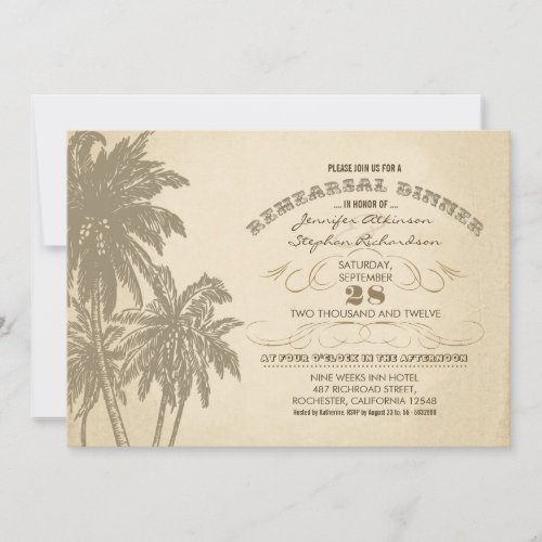 vintage beach palms rehearsal dinner invitations