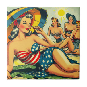 Vintage Beach Pin Up Ceramic Tile