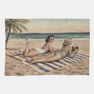 Vintage Beach Pinup Art Print | Retro Bikini Girls Kitchen Towel