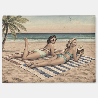 Vintage Beach Pinup Art Print | Retro Bikini Girls Magnet