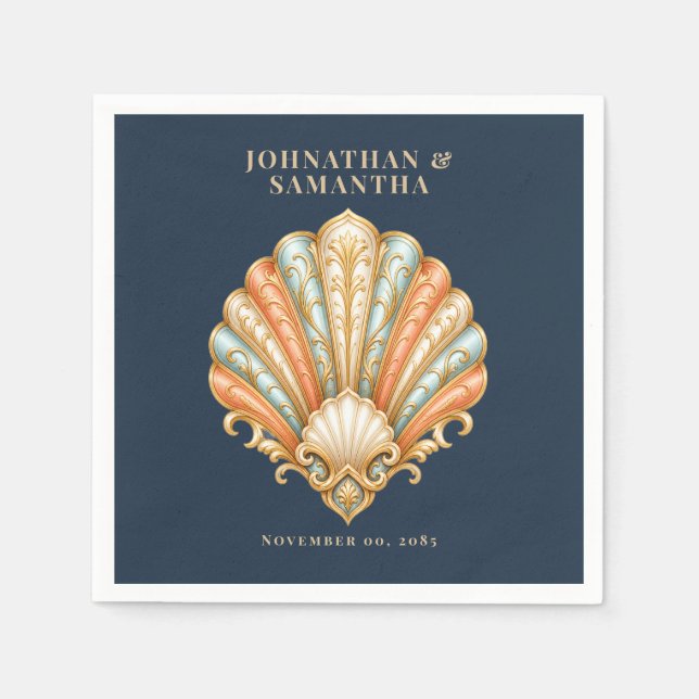 Vintage Beach Shell Coastal Wedding Napkins (Front)