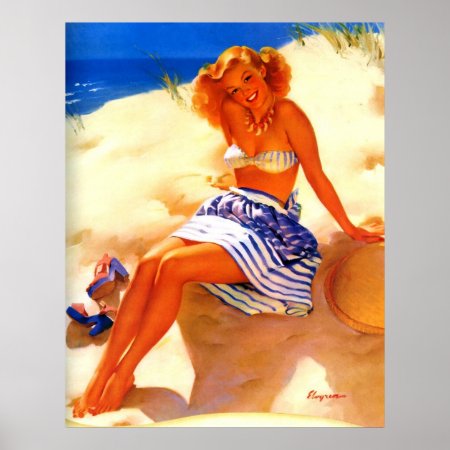 Pin Up Girl Poster//Art Print// By the Beach//Bathing Suit Pin Up Girl13x19