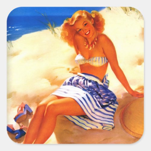 Vintage Beach Summer Pin up Girl Square Sticker