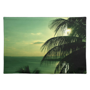Vintage Beach Sunset Green-Blue Sky Sea Black Palm Cloth Placemat
