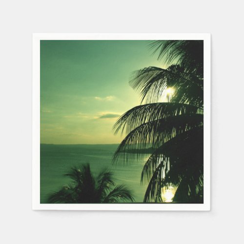 Vintage Beach Sunset Green_Blue Sky Sea Black Palm Napkins