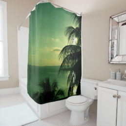 Vintage Beach Sunset Green-Blue Sky Sea Black Palm Shower Curtain