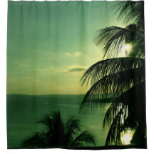 Vintage Beach Sunset Green-Blue Sky Sea Black Palm