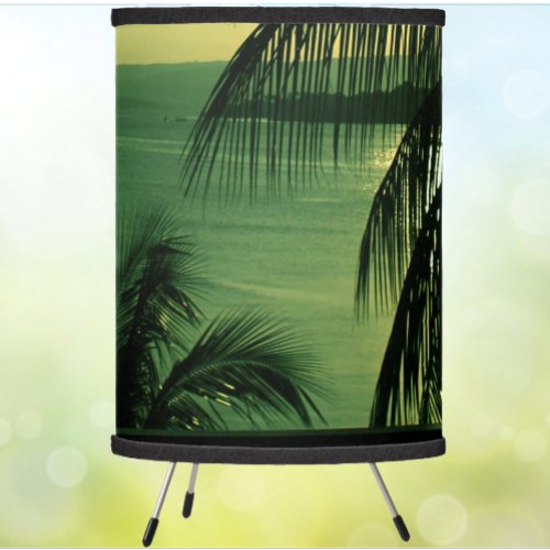 Vintage Beach Sunset Green_Blue Sky Sea Black Palm Tripod Lamp