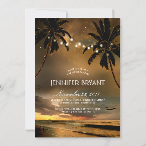 Vintage Beach Sunset Palm Lights Baby Shower Invitation