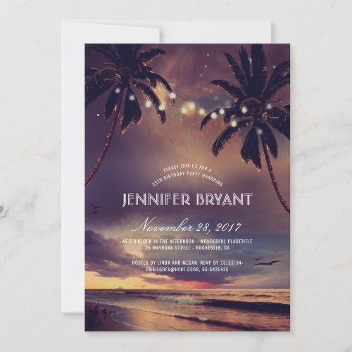 Vintage Beach Sunset Palm Lights Birthday Party Invitation