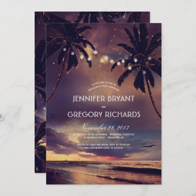 Vintage Beach Sunset Palm Lights Engagement Party Invitation (Front/Back)