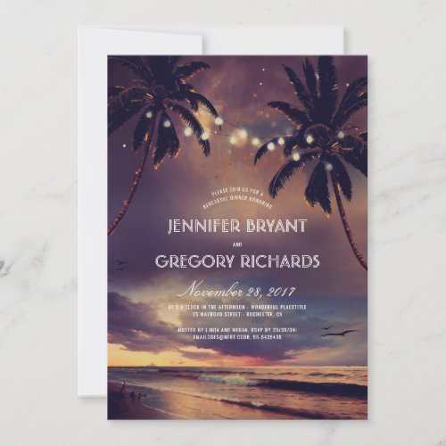 Vintage Beach Sunset Palm Lights Rehearsal Dinner Invitation