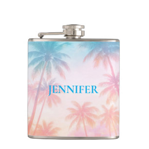 Vintage Beach Sunset Palm Trees Pastel Flask