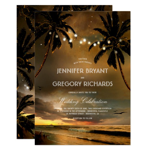 Vintage Beach Sunset | String Lights Palms Wedding Invitation