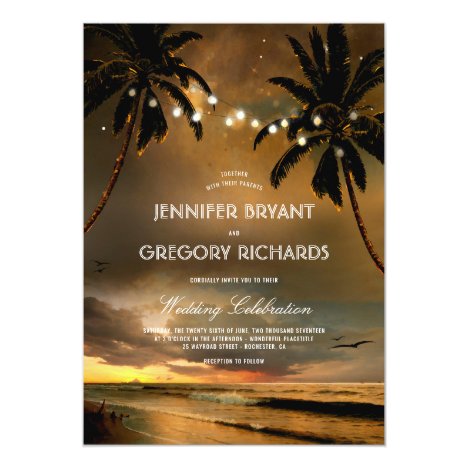 Vintage Beach Sunset | String Lights Palms Wedding Card