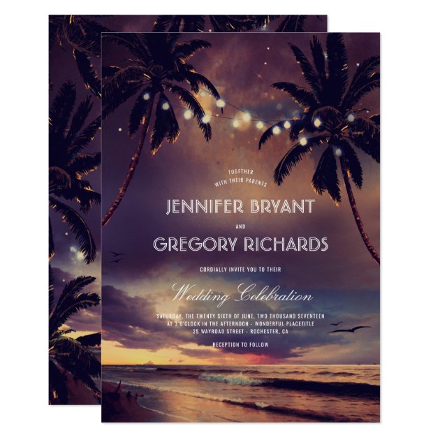 Vintage Beach Sunset | String Lights Palms Wedding Invitation
