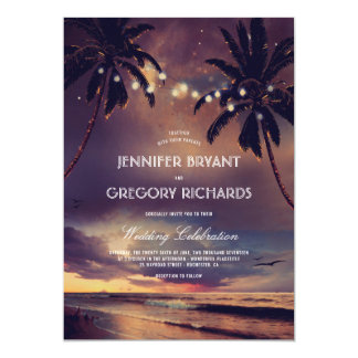 Vintage Beach Sunset | String Lights Palms Wedding Card