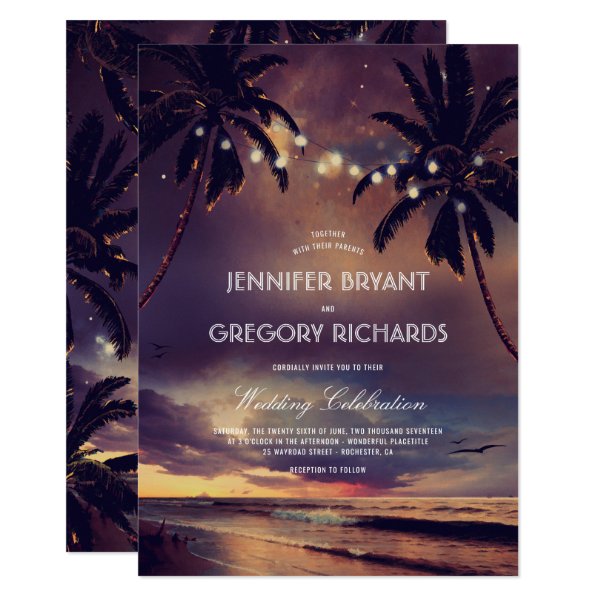 256544921506589465 Vintage Beach Sunset | String Lights Palms Wedding Invitation